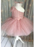 One Shoulder Blush Tulle Pearls Flower Girl Dress